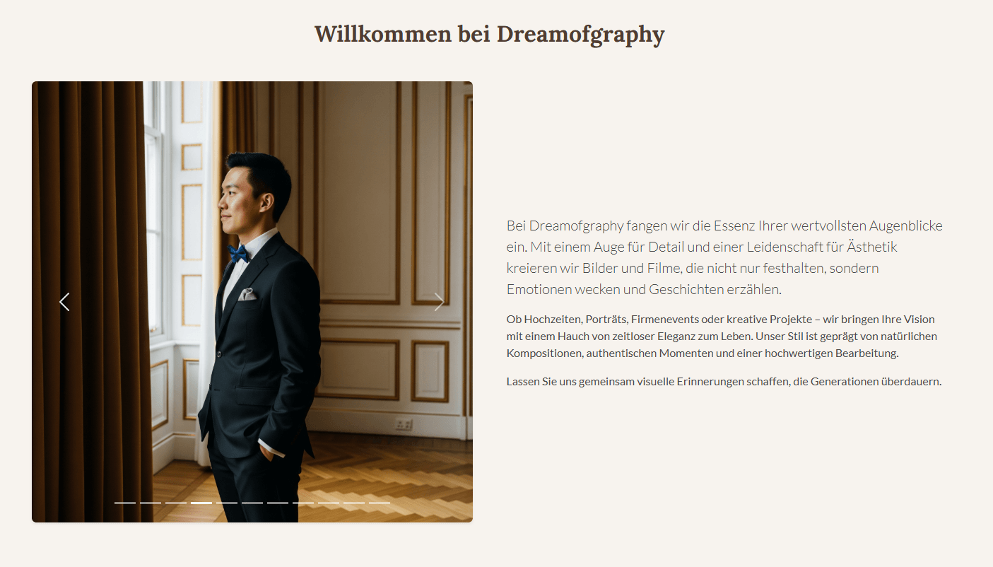 Dream of Graphy - Portfolio Projekt von Hobe Digital. Revolutionäre Fotografie-Website mit KI-Bildverbesserung, Drohnenaufnahmen und umfassendem Foto/Video-Service.
